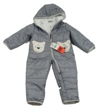 Nové - sivá melírovaná prešívaná šušťáková zimná kombinéza s medvídky/kapsami a kapucňou zn. carter's