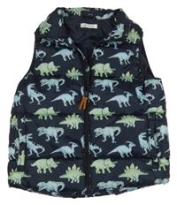 Tmavomodrá prešívaná šušťáková zateplená vesta s dinosaurami H&M