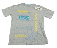 Nové - šedé melírované tričko s dinosaurem a číslem a nápisy M&S