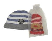 Nové - 2Set - tmavomoodro/bílá pruhovaná čepice s opičkou + červeno/bílé pruhované ponožky se sobem