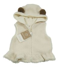 Nové - smotanová huňatá podšitá vesta s kapucňou s uškami mayoral