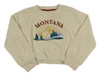 Smotanová rebrovaná plyšová oversize crop mikina s horami a lesem a nápisom PRIMARK