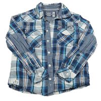 Tmavomodro-bílo-modro-azurová kostkovaná košile s nápisy C&A