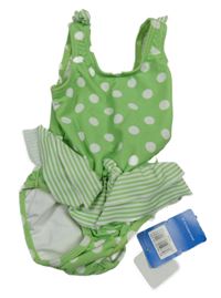 Nové - zeleno-bílé puntíkaté jednodílné plavky s mašlemi a volánky s pruhy Adams