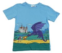 Modro-zelené tričko s drakom a rytířem a zámkem Zab Kids
