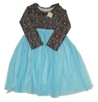 Nové - černo-azurové šaty s kytičkami a volánkem a tylem LEIGH TUCKER