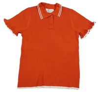 Červeno-bílé žebrované úpletové polo tričko s volánky a pruhy H&M