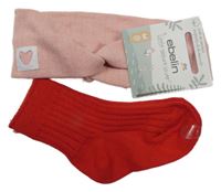 Nové - 2Set - starorůžová žebrovaná vzorovaná čelenka se srdíčkem + červené žebrované ponožky 