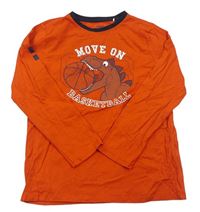 Oranžové tričko s nápismi a dinosaurom Yigga