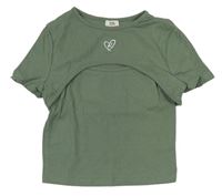 Khaki rebrované crop tričko s všitým topem a srdcem River Island