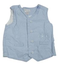 Světlemodro-biela pruhovaná slávnostná vesta s medvěďom