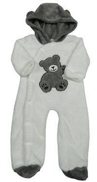 Bielo-sivá chlpatá kombinéza s medvěďom a kapucňou