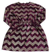 Vínovo-zlaté vzorované žebrované sametové šaty