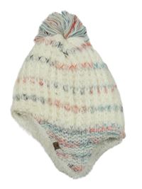 Smetanová pruhovaná pletená čepice s bambulí