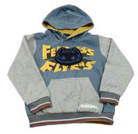 Tmavomodro-sivá melírovaná mikina s drakom a kapucňou