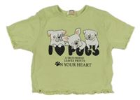 Zelenkavé rebrované crop tričko so psy