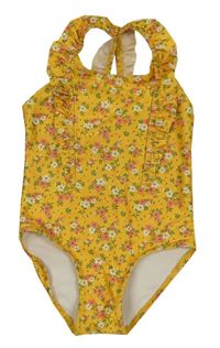 Hořčicové květované jednodílné plavky s volánky H&M