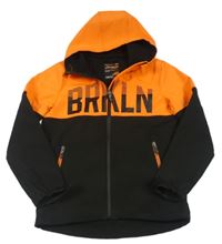 Čierno-oranžová softshellová bunda s nápisom a kapucňou