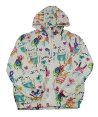 Bílo-barevná šusťáková jarní bunda s obrázky a kapucí 