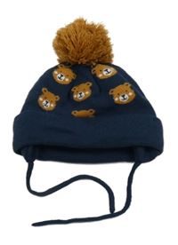 Tmavomodrá pletená zateplená čepice s medvědy a bambulí 