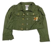 Khaki crop rifľová bunda s výšivkou a volánikmi