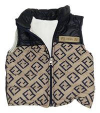 Hnedo-tmavomodrá vzorovaná zateplená šušťáková vesta