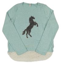 Svetlomodrý melírovaný ľahký sveter s jednorožcem z flitrů Yigga