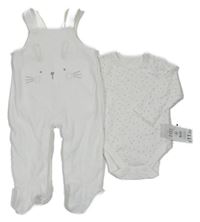 Nové - 2 set - bílé puntíkaté body + bílé sametové dupačky s králíkem George