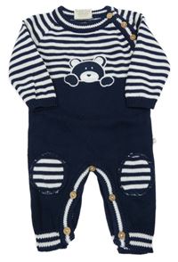 Tmavomodro-bílý pletený overal s pruhy a medvědem 