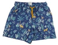 Tmavomodro-zelené plážové kraťasy so stromami a zvieratkami Pusblu