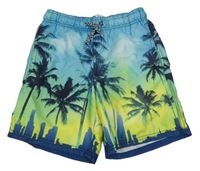 Světlemodro-žluté plážové kraťasy s palmami C&A