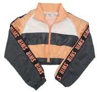 Oranžovo-bielo-antracitová šušťáková športová crop bunda s nápismi