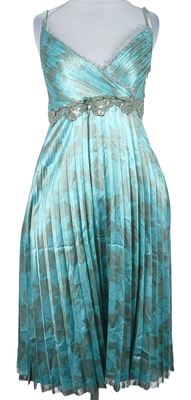 Dámské světlemodro-šedé květované saténové plisované koktejlové šaty s krajkou 