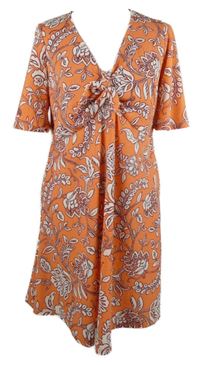 Dámske oranžovo-vínovo-biele kvetované šaty s mašlou Papaya