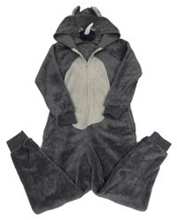 Tmavošedá chlupatá kombinéza s kapucí - nosorožec