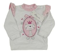 Nové - Biela zamatová mikina s mačkou a volánikmi