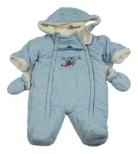 Svetlomodrá šušťáková zimná kombinéza s obrázkom a kapucí + rukavice