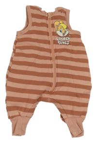 Růžový pruhovaný zateplený spací pytel/overal se zajícem