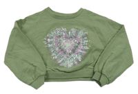 Khaki oversize mikina so srdcem a flitrami Next