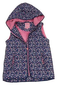 Tmavomodrá šušťáková prešívaná zateplená vesta s kvietkami a kapucňou Cool Club