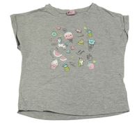 Sivé melírované crop trblietavé tričko s obrázkami Kiki&Koko