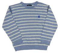 Modro-bílo/světlešedý pruhovaný melírovaný sveter s výšivkou Rebel