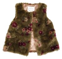 Hnedá kožušinová podšitá vesta s kvetmi F&F