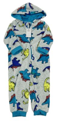 Nové - světlešedo-modrá melírovaná plyšová kombinéza s dinosaury a kapucí little kids