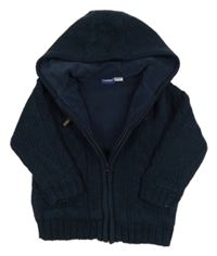 Tmavomodrý rebrovaný vzorovaný pletený prepínaci podšitý sveter s kapucňou lupilu