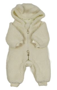 Biela huňatá zateplená kombinéza s kapucňou s uškami
