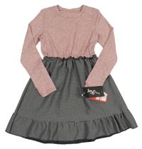 Nové - starorůžovo-černo-světlešedé melírované vzorované úpletové šaty