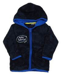 Tmavomodrá plyšová bunda s nápismi a kapucňou lupilu