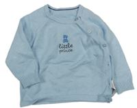 Svetlomodrý melírovaný prepínaci sveter s medvedíkom a nápismi little nutmeg