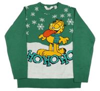 Tmavozeleno-biely pletený sveter s Garfieldem H&M